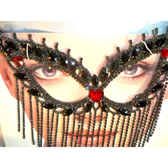 Harem mask, black rhinestone mask, dangle mask, costume masquerade cosplay mask - Picture 3 of 6